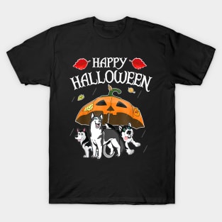 Huskys In Scary Umbrella Rain Night Happy Halloween T-Shirt